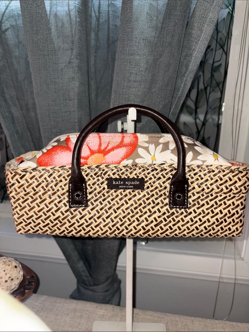 kate spade Straw Tote with Floral Trim – Brown and Multi-color